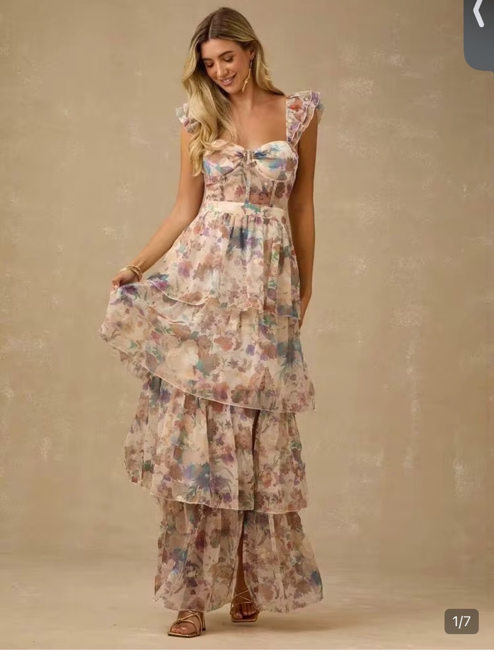SHEIN Ivory Floral Ruffle Tiered Maxi Dress with Slit